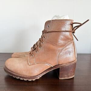 Frye Sabrina Silver Metallic Tan Leather Lace Up Boots Size 8.5